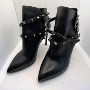 NEW VALENTINO Noir Rockstud Black Studded Harness Point Toe Bootie Heel EU36/US6